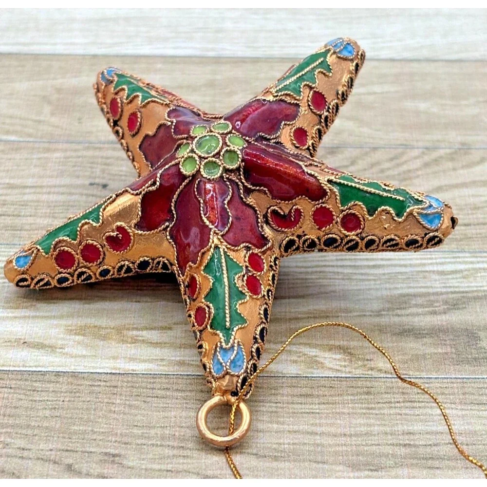 Cloisonne Red Enamel Gold Metal Holly Floral Star Christmas Hanging Ornament EUC